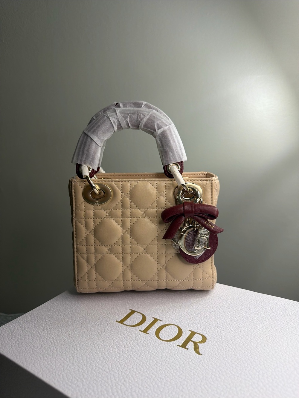Dior Mini Lady Bag in Beige with Burgundy Charm